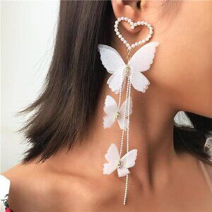 White Butterfly Beaded Heart Nickel Earrings